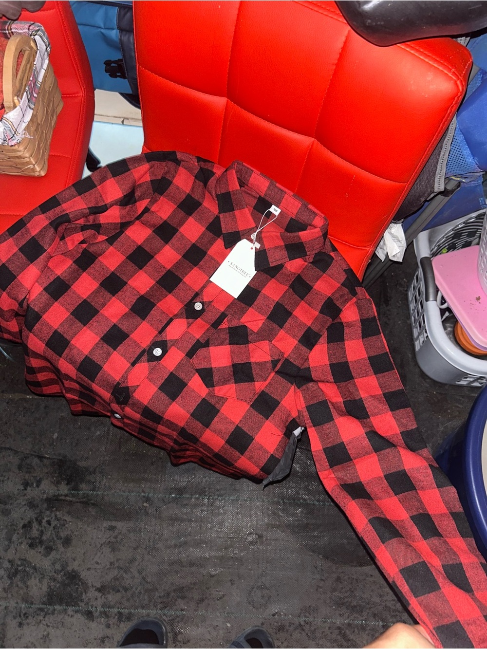 Plaid Button-Down Workshirt in Red and Black